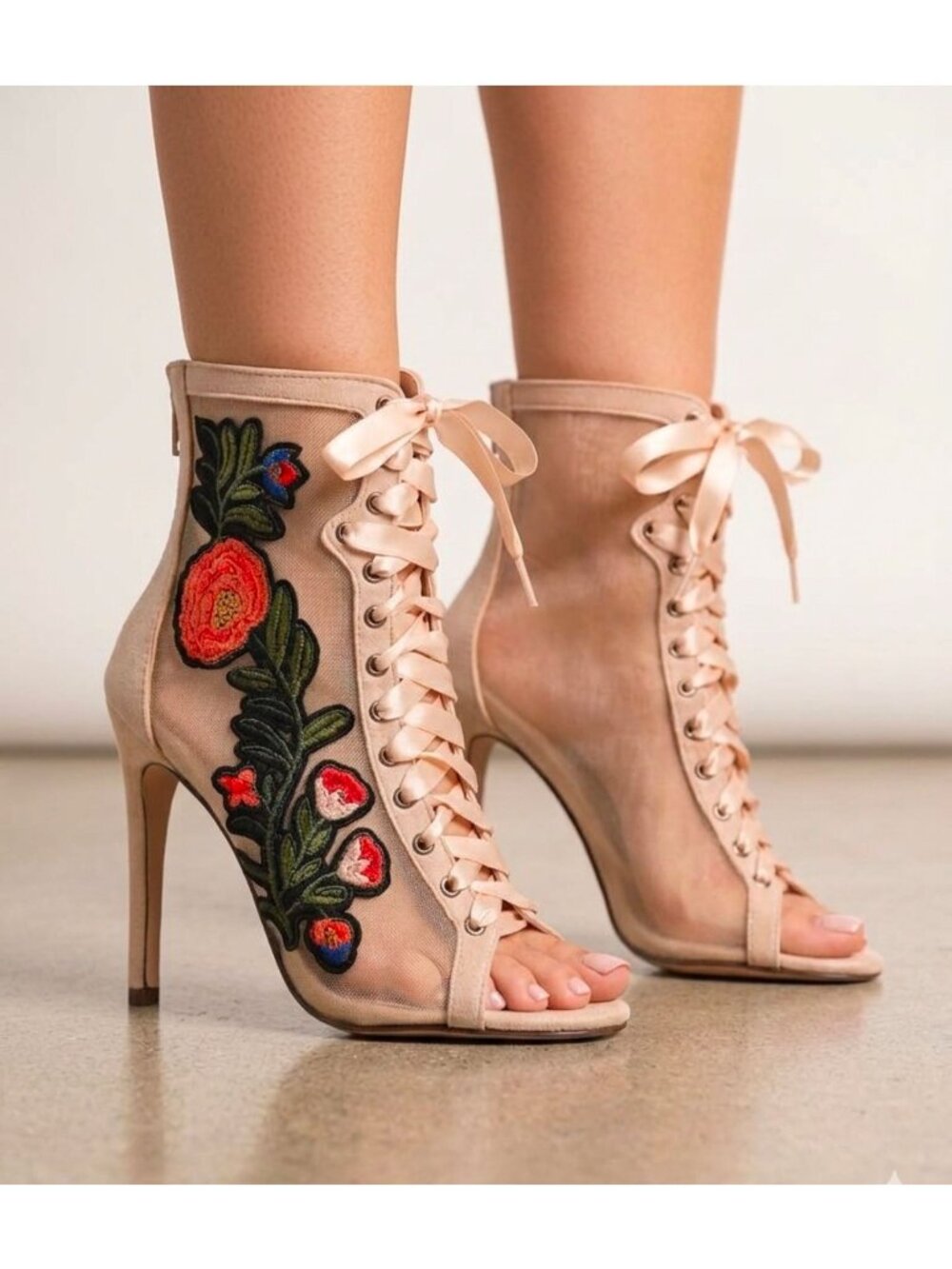 Floral Embroidered Mesh Lace-Up Stiletto Heels With Back Zipper - Picture 10 of 13